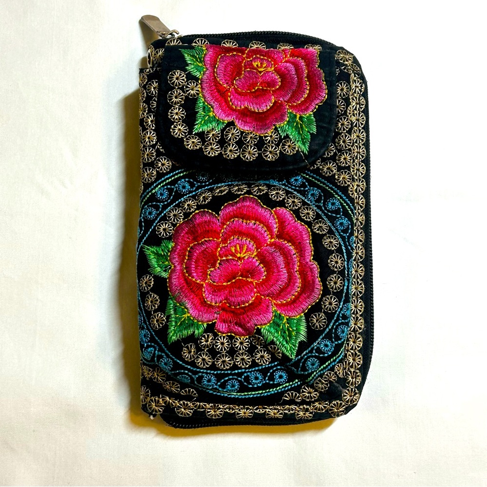 Wallet Phone Case Black Pink Lotus Embroidered Full ZipClutch Snap Pocket EUC